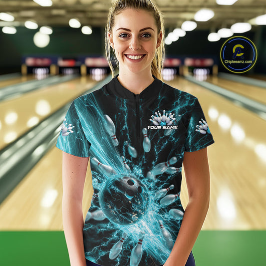 Custom Blue Thunder Lightning Bowling Team Women Quarter-Zip Shirts, Bowling Jerseys IPHW9742