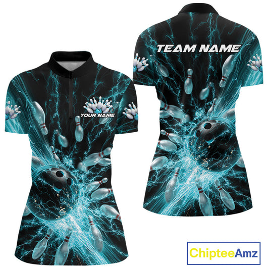 Custom Blue Thunder Lightning Bowling Team Women Quarter-Zip Shirts, Bowling Jerseys IPHW9742