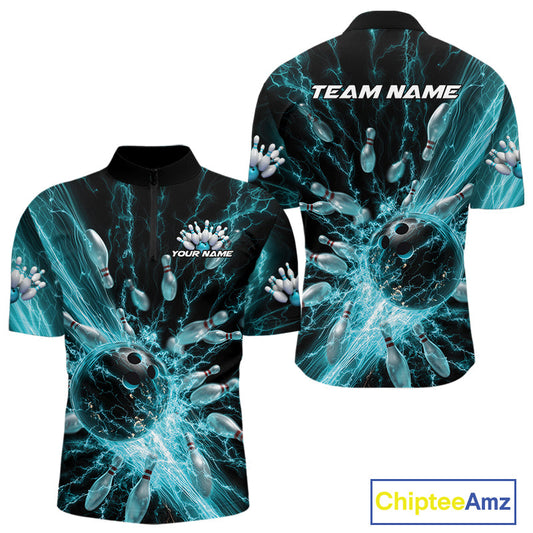 Custom Blue Thunder Lightning Bowling Team Men Quarter-Zip Shirts, Bowling Jerseys IPHW9742