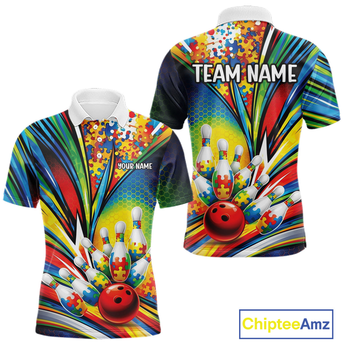 Men’s bowling polo shirt mockup front and back displaying vibrant autism bowling strike theme with colorful puzzle artwork