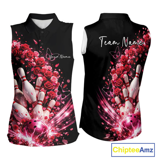 Custom Red Roses And Butterfly Women Bowling Shirt, Flower Ladies Bowling League Shirt IPHW10884