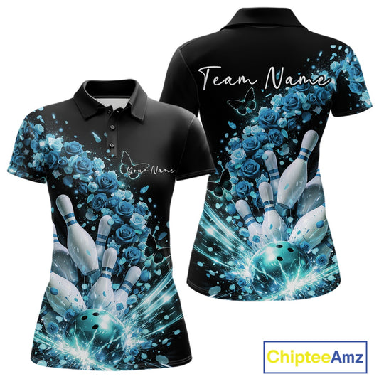 Custom Blue Roses And Butterfly Women Bowling Shirt, Flower Ladies Bowling League Shirt IPHW10885