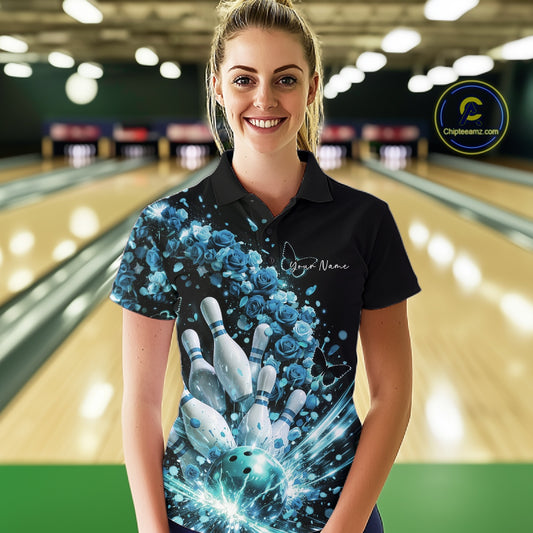 Custom Blue Roses And Butterfly Women Bowling Shirt, Flower Ladies Bowling League Shirt IPHW10885