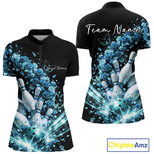 Custom Blue Roses And Butterfly Women Bowling Shirt, Flower Ladies Bowling League Shirt IPHW10885