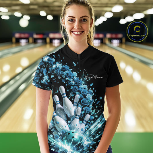 Custom Blue Roses And Butterfly Women Bowling Shirt, Flower Ladies Bowling League Shirt IPHW10885
