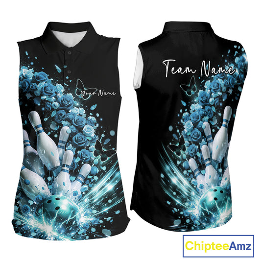 Custom Blue Roses And Butterfly Women Bowling Shirt, Flower Ladies Bowling League Shirt IPHW10885