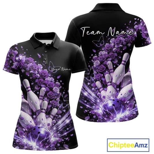 Custom Purple Roses And Butterfly Women Bowling Shirt, Flower Ladies Bowling League Shirt IPHW10886