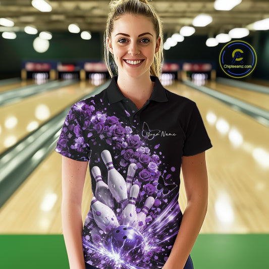 Custom Purple Roses And Butterfly Women Bowling Shirt, Flower Ladies Bowling League Shirt IPHW10886