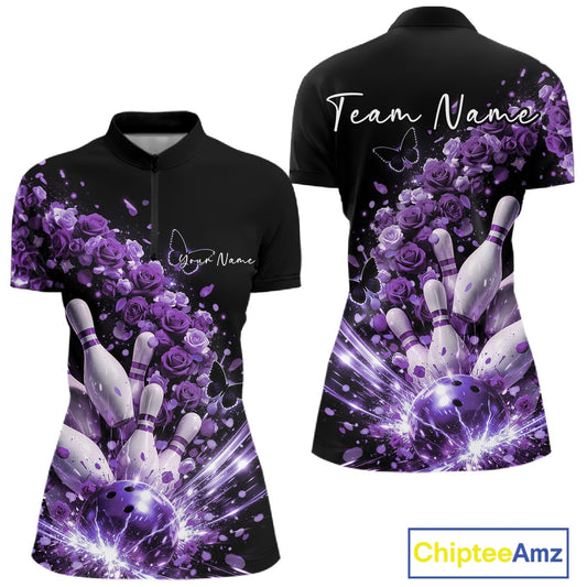 Custom Purple Roses And Butterfly Women Bowling Shirt, Flower Ladies Bowling Shirt IPHW10886