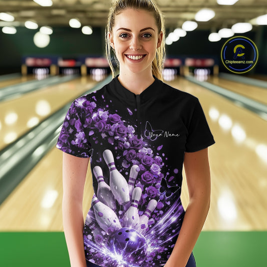 Custom Purple Roses And Butterfly Women Bowling Shirt, Flower Ladies Bowling Shirt IPHW10886