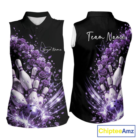 Custom Purple Roses And Butterfly Women Bowling Shirt, Flower Ladies Bowling League Shirt IPHW10886