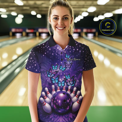Custom Blue And Purple Buttefly Ladies Bowling Team Shirt, Women Bowler Outfits IPHW10918