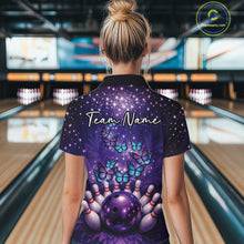 Load image into Gallery viewer, Custom Blue And Purple Buttefly Ladies Bowling Team Shirt, Women Bowler Outfits IPHW10918