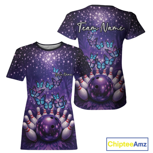 Custom Blue And Purple Buttefly Ladies Bowling Team, Women Bowler Outfits IPHW10918