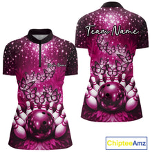 Load image into Gallery viewer, Custom Pink Buttefly Ladies Bowling Team Shirt, Women Bowling Quarter-Zip Shirt IPHW10919