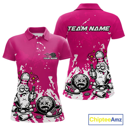Front and back view of a women’s polo shirt mockup in pink and white, featuring splatter-style drunk bowling pin holding beer bottle and bowling ball design.