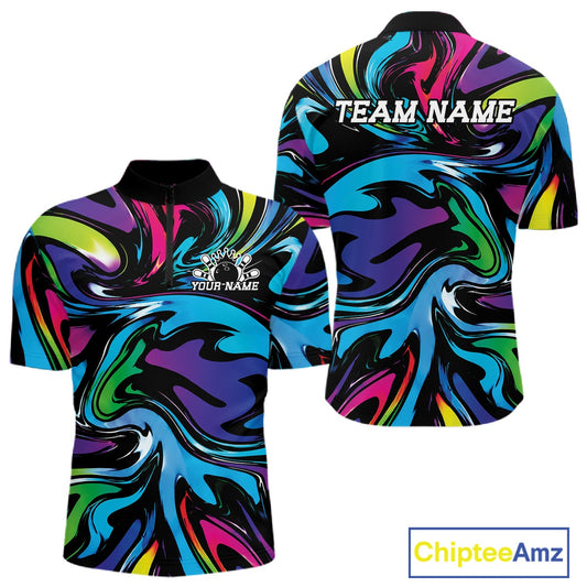 Colorful marbled polo shirt with 'Team Name' and 'Your Name' text on a white background, featuring the brand 'Chiptee Amz'.