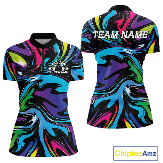 Colorful polo shirt with abstract design and 'TEAM NAME' text on a white background, featuring the brand 'Chiptee Amz'.