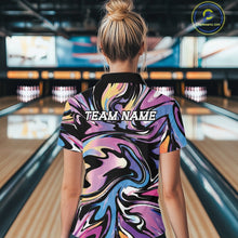 Load image into Gallery viewer, Person wearing a colorful bowling shirt with 'TEAM NAME' text in a bowling alley.