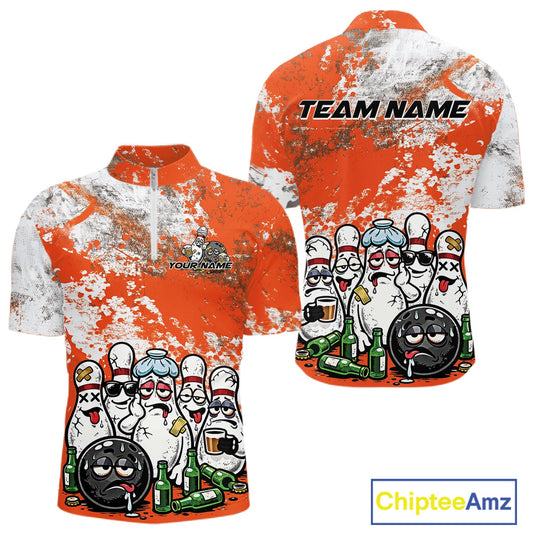 Mens quarter zip bowling shirt mockup displaying orange and white grunge splatter background with cartoon bowling pins, bowling ball, and beer bottle themed graphics