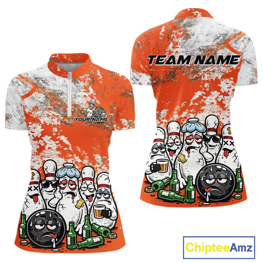 Front and back view of a womens bowling quarter-zip shirt mockup in orange and white grunge splatter design, featuring cartoon bowling pins and beer bottles surrounding a bowling ball.
