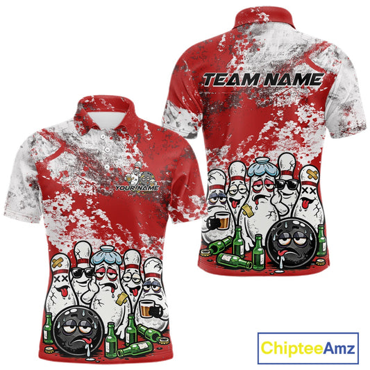 Front and back view of a mens bowling polo shirt mockup featuring red and white grunge splatter background with cartoon bowling pins and beer bottles surrounding a bowling ball.