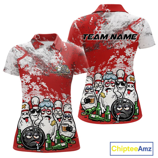 Womens polo shirt mockup front and back, white shirt with red and white grunge splatter, cartoon bowling pins, bowling ball and surrounding beer bottles