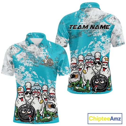 Front and back view of a mens bowling polo shirt mockup featuring turquoise blue and white grunge splatter background with cartoon bowling pins and beer bottle scene.