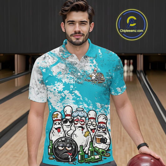 Front view of a male model in a bowling lane wearing a turquoise blue and white grunge splatter polo shirt with humorous cartoon bowling pins and beer bottles artwork.