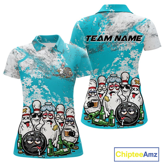 Womens polo shirt mockup front and back, white base with turquoise blue and white grunge splatter, cartoon bowling pins and bowling ball with beer bottles
