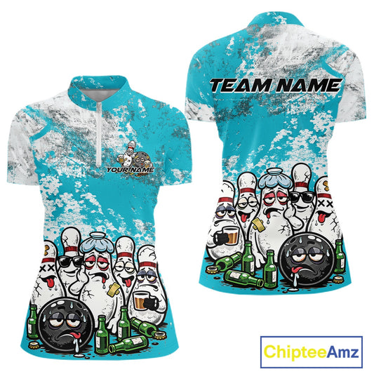 Front and back view of a womens bowling quarter-zip shirt mockup with turquoise blue and white grunge splatter background featuring cartoon bowling pins and beer bottle graphics.