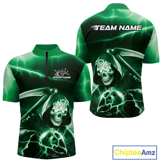 Custom Green Lightning Grim Reaper Bowling Quarter-Zip Shirts For Men, Halloween Bowling Jerseys IPHW9844