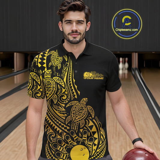 Male model wearing a black and gold bowling polo shirt at the bowling lane with turtle-inspired Polynesian bowling artwork.