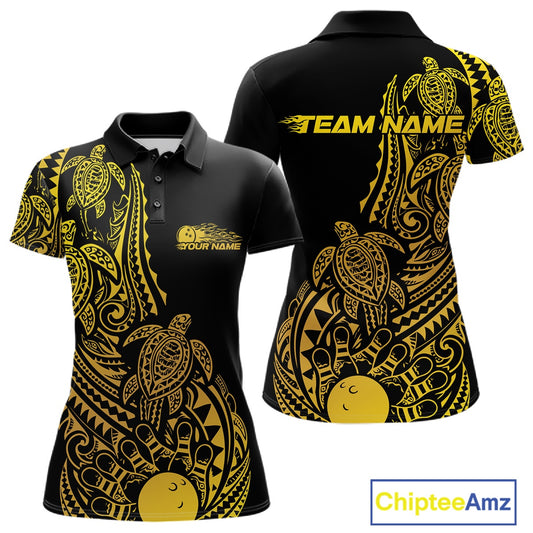 Front and back views of a black and gold womens bowling polo shirt featuring bowling ball and pin graphics accented by tribal swirls.