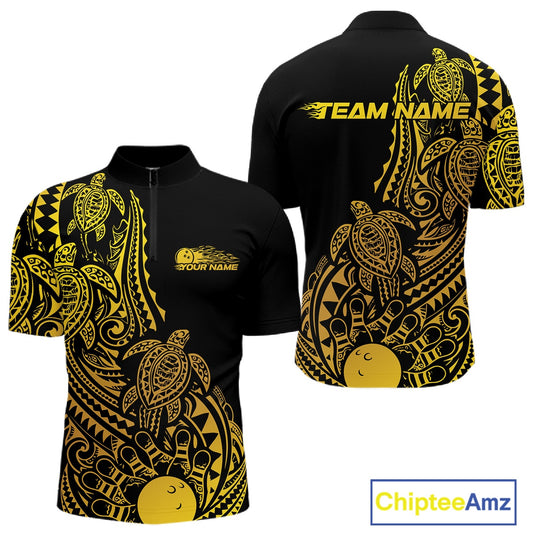 Front and back views of a black and gold mens bowling quarter-zip shirt featuring bowling pins, a bowling ball, and tribal swirl artwork.