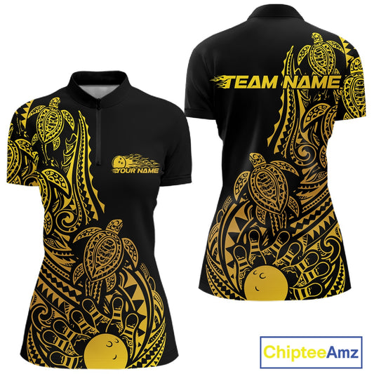 Front and back views of a black and gold womens bowling quarter-zip shirt featuring bowling pins surrounded by tribal swirls and Polynesian motifs.