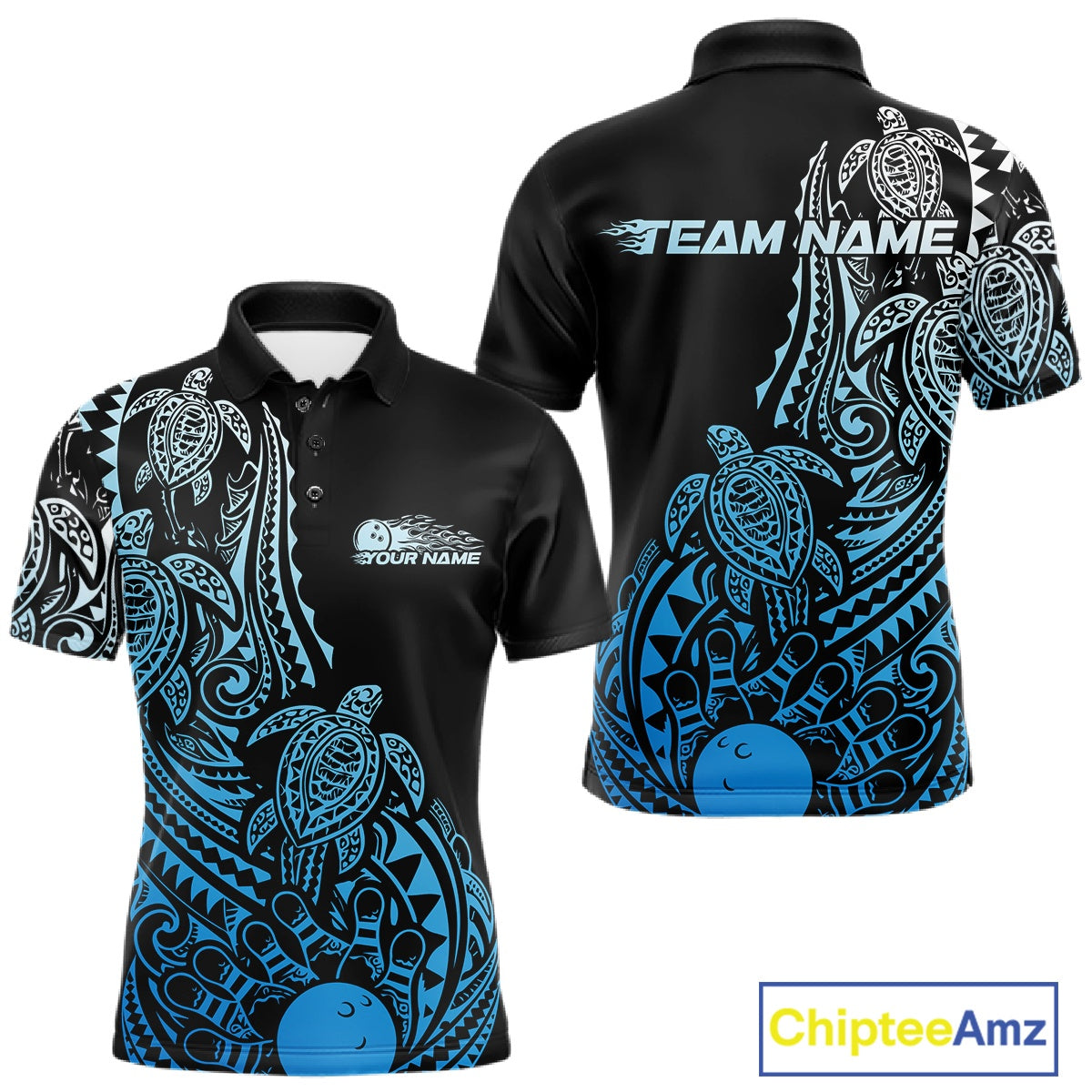 Front and back views of a black and blue mens bowling polo shirt featuring bowling artwork accented by tribal swirls and turtle motifs.