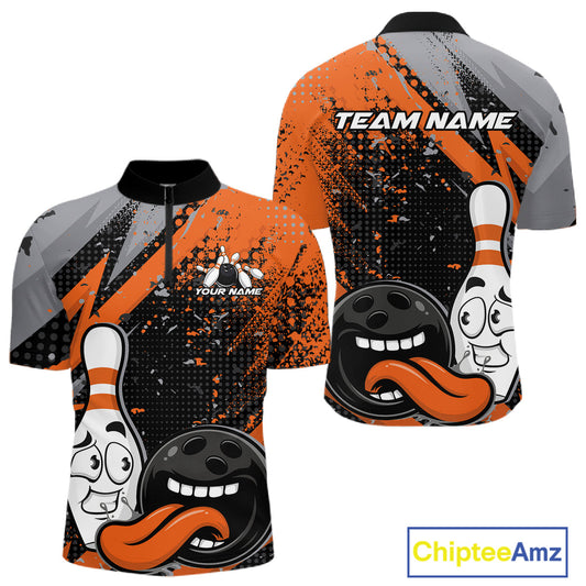 Custom Funny Bowling Quarter-Zip Shirt For Men, Orange Bowling Ball And Pin Bowling Jersey IPHW10258