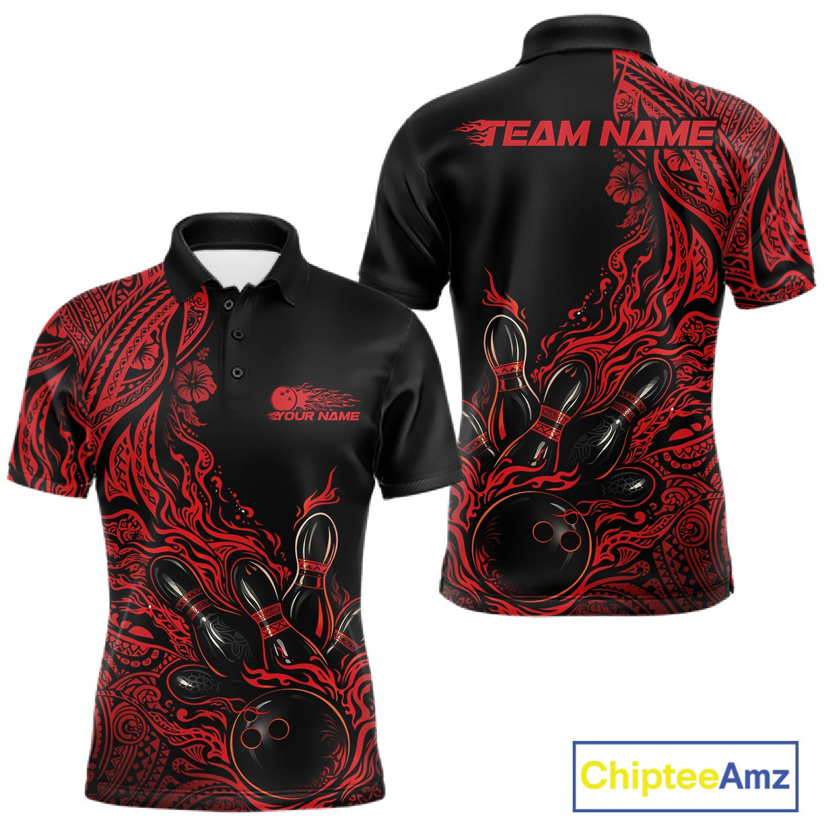 Custom Black And Red Orange Tribal Pattern Flame Bowling Team Shirts, Polynesian Bowling League Shirt IPHW10491