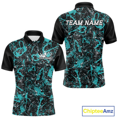 Front and back views of a black polo shirt with teal paint-splatter graphics, personalized with â€œYour Nameâ€ on the chest and â€œTeam Nameâ€ across the back.