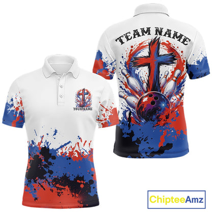 Vibrant red, white and blue abstract splatter bowling team shirt featuring a faith cross design for league bowlers