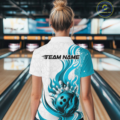 A woman viewed from behind wearing a custom bowling-themed short-sleeve collared shirt with a white and teal flame design and a bowling ball graphic on the back. The shirt features the text 'TEAM NAME' across the upper back.