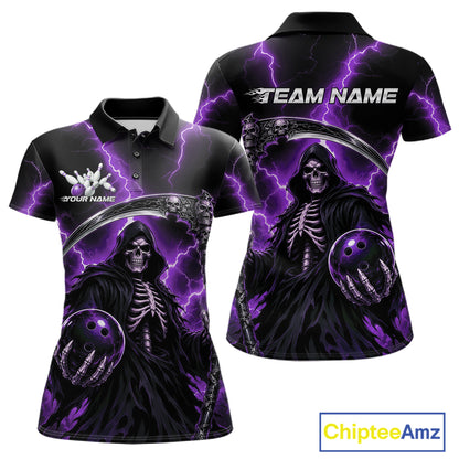 Black short-sleeve polo shirt with a Grim Reaper bowling graphic in purple and black, shown from the front and back. The front features a skeleton holding a bowling ball under a large scythe, with purple lightning effects.