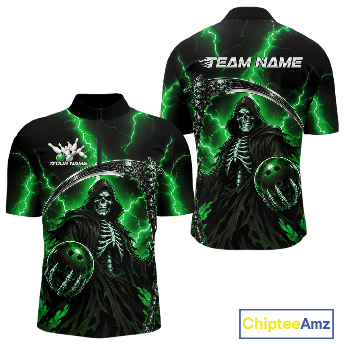 Black short-sleeve quarter-zip shirt with a Grim Reaper and bowling ball graphic, featuring green lightning effects and customizable text areas on the front and back, shown from both front and back views.