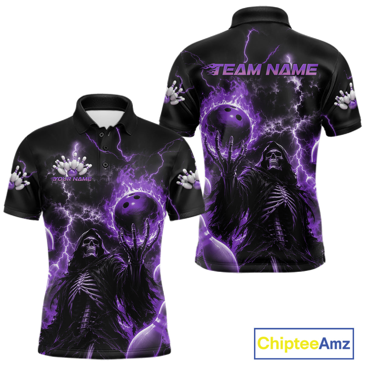 Front and back views of a black short-sleeve polo shirt with a purple and black horror-themed graphic print featuring a skeletal figure, lightning, and bowling balls. 
