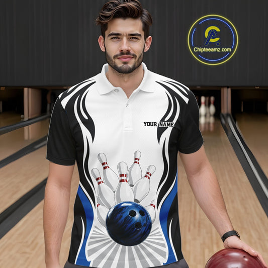 Male model at a bowling lane wearing a white, black, and blue bowling polo shirt, front view, with bowling ball and pins graphics.