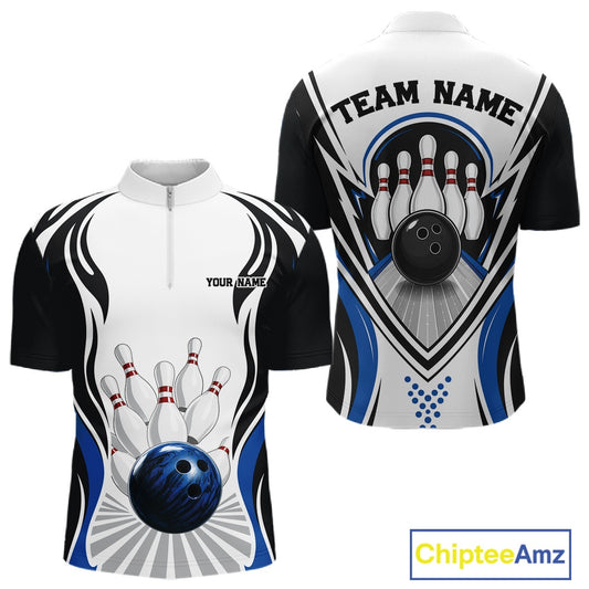 Front and back views of a men's bowling quarter-zip shirt mockup featuring bowling ball and pins artwork in white, black, and blue.