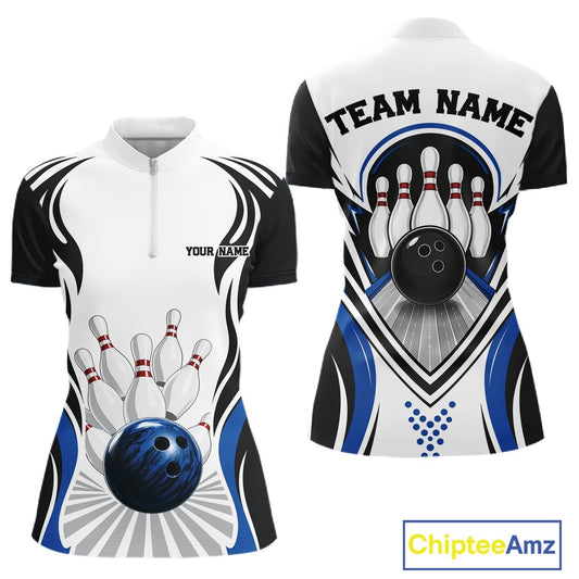 Front and back views of a women's bowling quarter-zip shirt mockup featuring bowling ball and pins graphics in white, black, and blue.