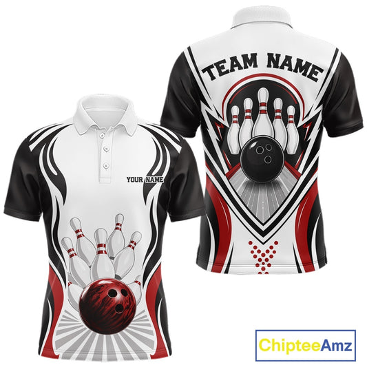 Front and back views of a men's bowling polo shirt mockup featuring bowling-themed graphics with a bowling ball and pins in white, black, and red.