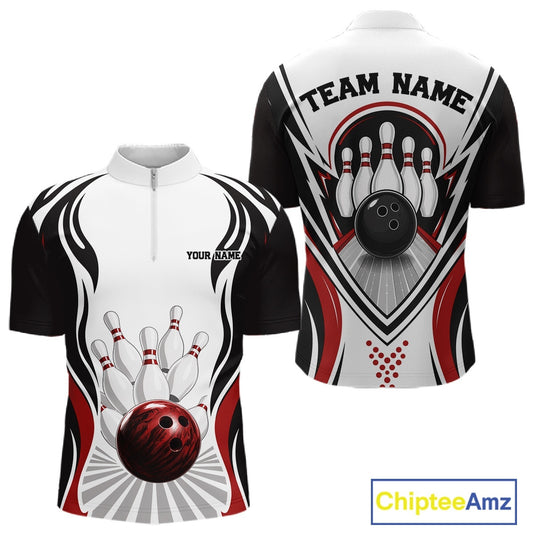 Front and back views of a men's bowling quarter-zip shirt mockup with bowling ball and pins artwork in white, black, and red.